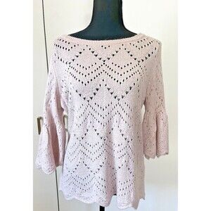 Lauren Conrad 3/4 Bell Sleeves Hem Crochet Knit Relaxed Fit Blush Top romantic
